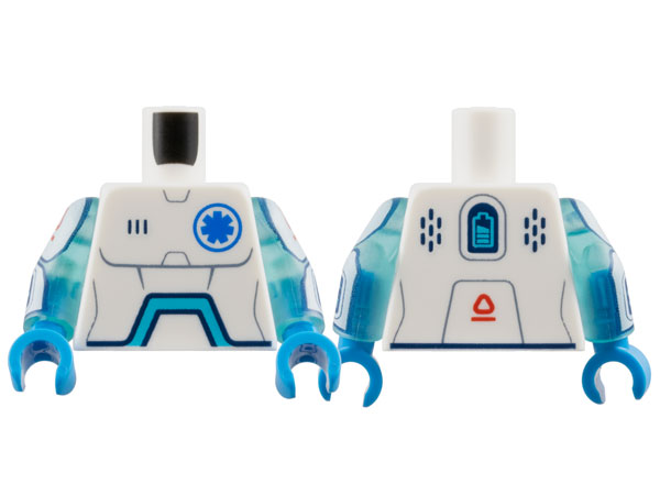 Lego Torso Robot with Sand Blue Panel Lines, Blue EMT Star of Life, Dark Azure Angled Arc, Battery Level and Red Symbol on Back Pattern / Trans-Light Blue Arms with White Panels with Red Symbols and Medium Azure Medical Chart and '37°' on Dark Blue Screens Pattern / Dark Azure Hands