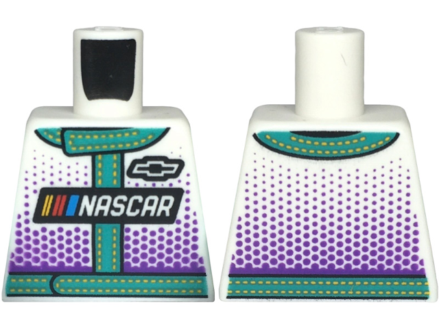 Lego Torso Racing Suit with 'NASCAR' and Black Chevrolet Logo, Dark Turquoise Trim with Bright Light Orange Stitching and Dark Purple Dots Pattern / White