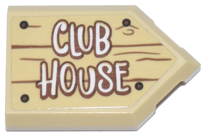Lego Tile, Modified 2 x 3 Pentagonal with Sign with Black Nails, Reddish Brown Wood Grain and White 'CLUB HOUSE' Pattern (Sticker) - Set 10339