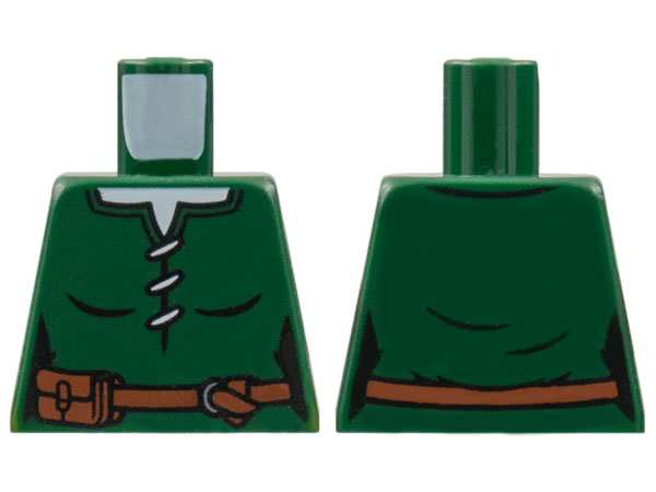 Lego Torso Female Laced Shirt, White Neck, Reddish Brown Belt with Pouch Pattern / Dark Green