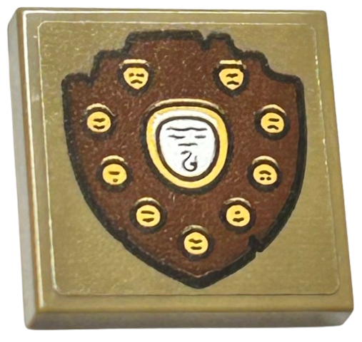 Lego Tile, Modified 2 x 2 Inverted with Reddish Brown Trophy / Shield with Gold Badges Pattern (Sticker) - Set 76410 / Dark Tan