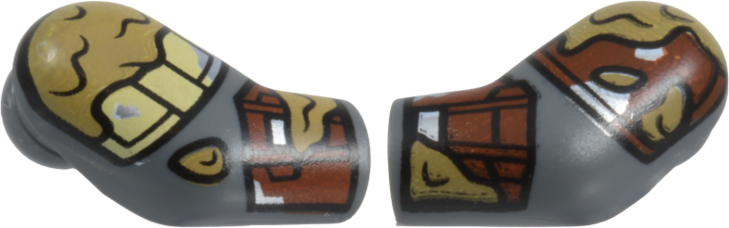 Lego Arm, (Matching Left and Right) Pair with Reddish Brown, Silver, and Tan Shoulder Pads and Armor, Dark Tan Mud Splotches Pattern