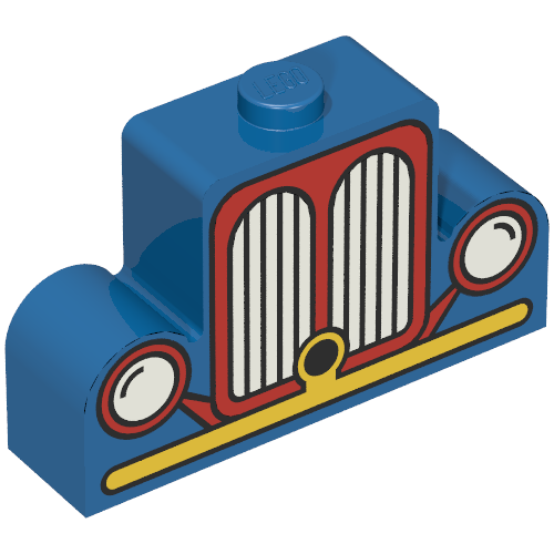 Lego Brick Curved 1 x 4 x 2 Centre Stud Top with Yellow and Red Car Grill Print / Blue