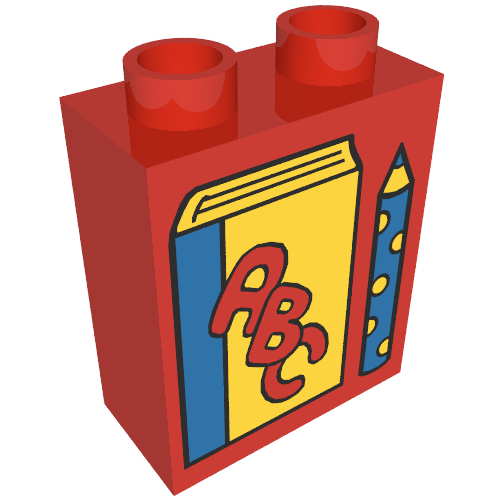 Lego Duplo Brick 1 x 2 x 2 with Book with 'ABC' on Front and Pencil Print / Red