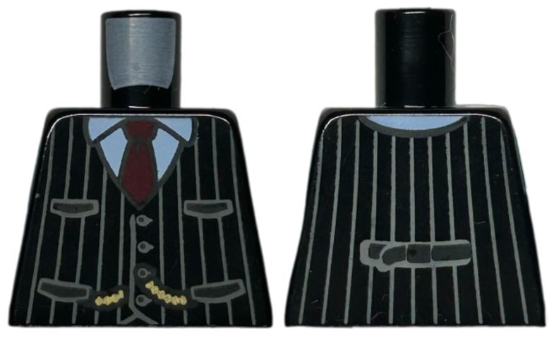 Lego Torso Vest with Buttons, Pockets, and Dark Bluish Gray Pinstripes over Bright Light Blue Shirt, Gold Chains, Dark Red Tie Pattern / Black