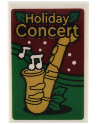 Lego Tile 2 x 3 with Gold Saxophone and 'Holiday Concert' and White Music Notes on Dark Red and Green Background Pattern (Sticker) - Set 10308 / White