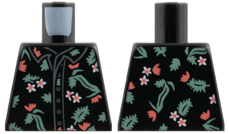 Lego Torso Button Up Shirt with White and Coral Flowers, Sand Green Leaves Pattern / Black