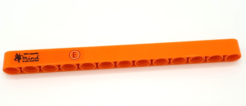 Lego Technic, Liftarm Thick 1 x 13 with Capital Letter E in Red and White Circle and Black 'mind' Logo Pattern Model Left Side (Sticker) - Set 42141 (First Version)