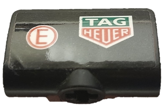 Lego Technic, Panel Curved 2 x 3 x 1 with Tag Heuer Logo and Red Capital Letter E in White Circle Pattern Model Right Side (Sticker) - Set 42137 / Black