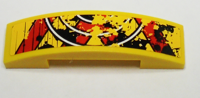 Lego Slope, Curved 4 x 1 x 2/3 Double with Yellow and Red Stripes and 3 White Half Circles Bottom Pattern (Sticker) - Set 9093 / Yellow
