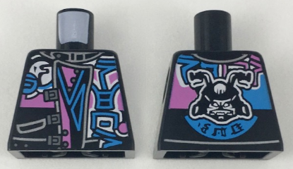 Lego Torso Biker Vest with Dark Pink / Medium Azure Ninjago Characters, Sons of Garmadon Logo and Ninjago 'SOG' on Back Pattern / Black