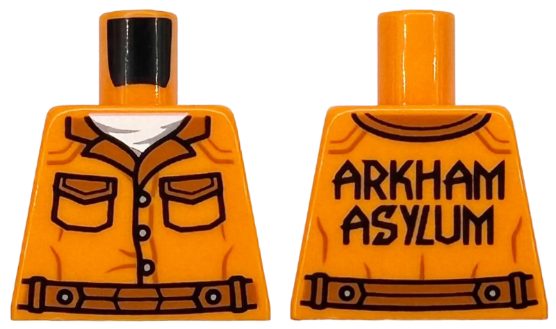 Lego Torso Prison Jumpsuit with Dark Orange Collar, Pockets, Fold Lines, Seams and Belt, White Undershirt, Light Bluish Gray Buttons, Black 'ARKHAM ASYLUM' on Back Pattern / Orange