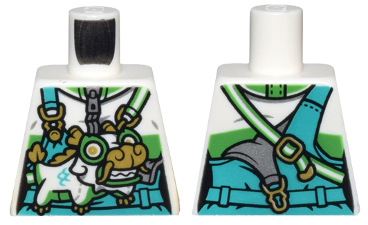 Lego Torso Female Dark Turquoise Overalls and Belt over Jacket with Bright Green Stripe, Gold Buckles, Dragon Bag Pattern / White