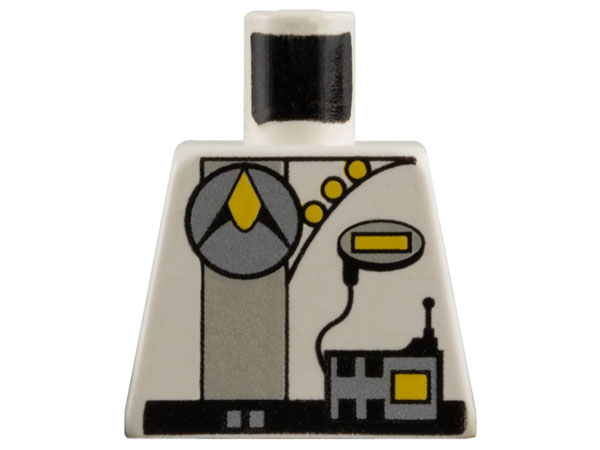 Lego Torso Space Exploriens Silver Circle Logo and Radio, Light Gray Stripe, Yellow Buttons, Black Belt Pattern