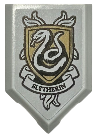 Lego Tile, Modified 2 x 3 Pentagonal with Black and Dark Tan HP 'SLYTHERIN' House Crest Pattern (Sticker) - Set 76410 / Light Bluish Gray