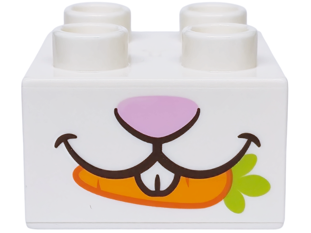 Lego Duplo, Brick 2 x 2 with Rabbit Mouth and Teeth, Bright Pink Nose, Orange and Lime Carrot Pattern