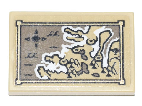 Lego Tile 2 x 3 with Antique Map with Compass Rose, Temples and Waves Pattern (Sticker) - Set 71741 / Tan