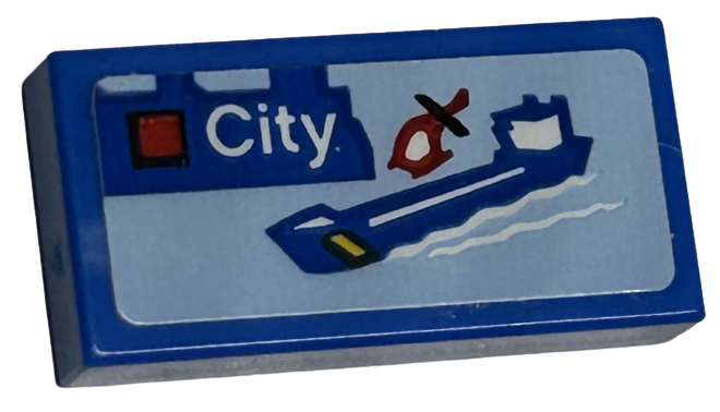 Lego Tile 1 x 2 with LEGO City Set Box Art, Blue Cargo Ship and Red Helicopter Pattern (Sticker) - Sets 40528 / 40574