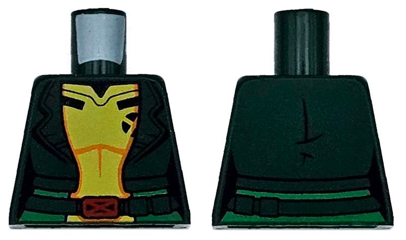 Lego Torso Super Hero Costume Jacket over Yellow Shirt with Orange Highlights, Black Stripes with Red Belt Buckle and Green Sash Pattern / Dark Green