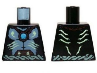 Lego Torso Bare Sand Blue Chest, Rope Belt, Yellowish Green Markings with Dark Azure Round Jewel (Chi) Pattern / Black