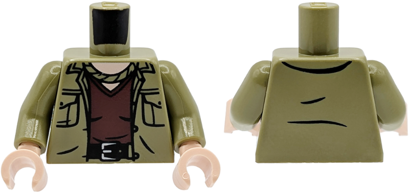 Lego Torso Shirt Open with Pockets and Neckerchief over Dark Red Undershirt, Black Belt with Silver Buckle, Light Nougat Neck Pattern / Olive Green Arms / Light Nougat Hands