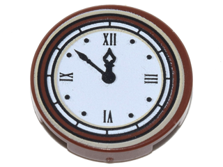 Lego Tile, Round 2 x 2 with Bottom Stud Holder with White Clock Face (Time 11:52) with Black Hands and Roman Numerals Pattern