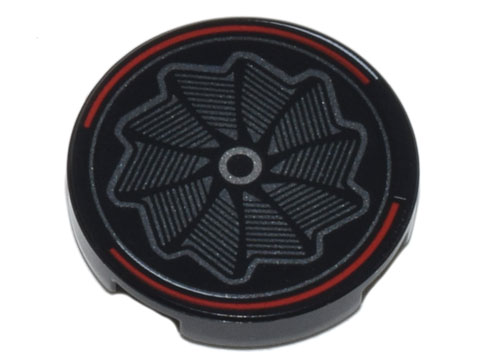 Lego Tile, Round 2 x 2 with Bottom Stud Holder with Silver Pinwheel Wheel Rim and Red Curved Lines Pattern / Black