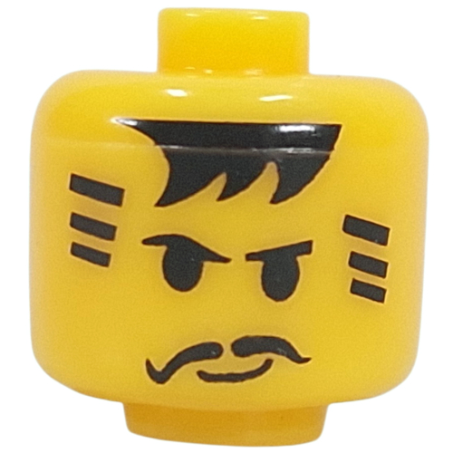 Lego Pen Bead, Round Large, Curved Edges / Cylinder with Minifig Head with Black Hair, Stripes, Moustache Print / Yellow