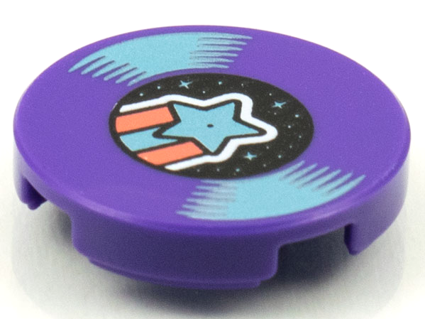 Lego Tile, Round 2 x 2 with Bottom Stud Holder with LP Record, Metallic Light Blue Shooting Star on Label Pattern