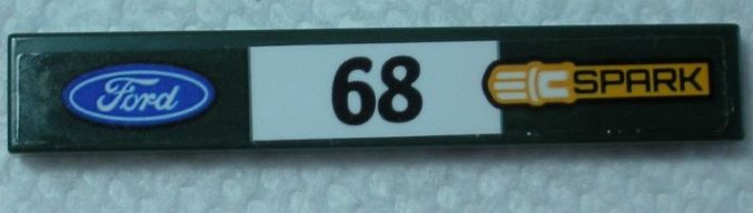 Lego Tile 1 x 6 with Ford Logo, Black '68' and 'SPARK' Pattern Model Left Side (Sticker) - Set 75884 / Dark Green