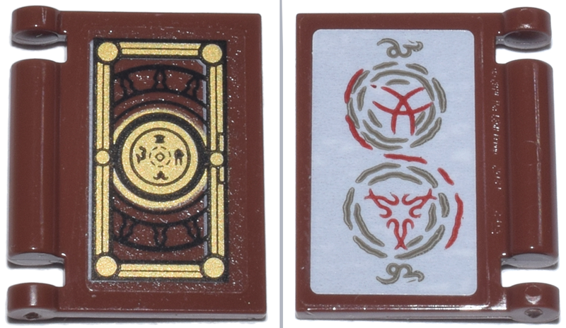 Lego Minifigure, Utensil Book Cover with Black and Gold Frame and Circle Emblem and Red and Dark Tan Magic Spell Symbols Pattern on Both Sides (Stickers) - Set 76218 / Reddish Brown