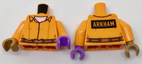 Lego Torso Prisoner Jumpsuit with Dark Orange Belt over White Shirt, 'ARKHAM' on Black Rectangle on Back Pattern / Orange Arms / Medium Lavender Hand Left / Medium Nougat Hand Right