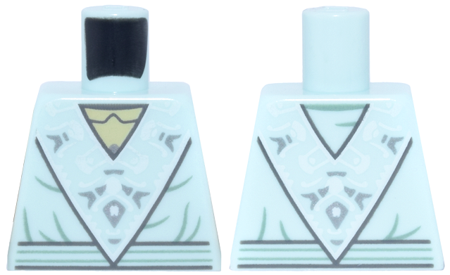 Lego Torso Dress with Triangle Panel with White and Silver Floral Motif, Sand Green Folds and Belt Pattern