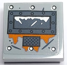 Lego Tile, Modified 2 x 2 Inverted with Silver Rivets, Dark Bluish Gray Hatch Window and Grille and Dark Orange Rust Pattern (Sticker) - Set 70435 / Light Bluish Gray