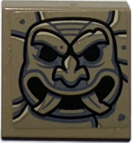 Lego Tile 2 x 2 with Black and Dark Bluish Gray Idol Head, Frowning with Fangs on Stone Background Pattern (Sticker) - Set 77015