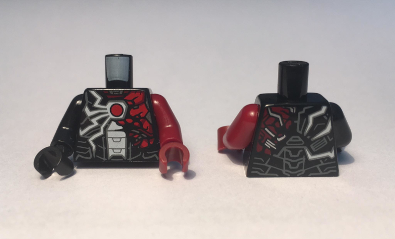 Lego Torso Armor, Red Arc Reactor, White and Red Jagged Lines Pattern / Dark Red Arm Left / Black Arm Right / Dark Red Hand Left / Black Hand Right