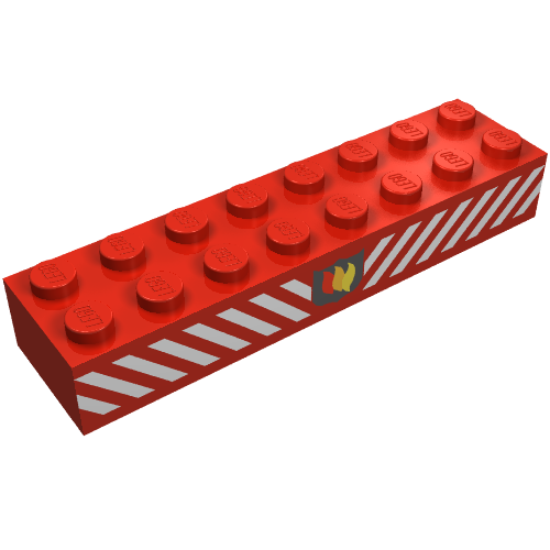 Lego Brick 2 x 8 with Fire Logo Badge and White Diagonal Stripes Print / Red