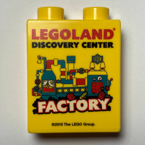 Lego Duplo Brick 1 x 2 x 2 with 'LEGOLAND DISCOVERY CENTER FACTORY' Print - 2015 / Yellow
