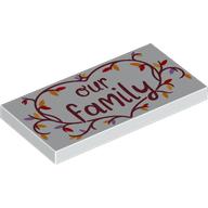 Lego Tile 2 x 4 with Dark Red 'OUR FAMILY', Branch Heart with Leaves Print / White