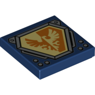 Lego Tile 2 x 2 with Bright Light Yellow and Orange Falcon on Hexagonal Shield with Silver Border Print / Dark Blue