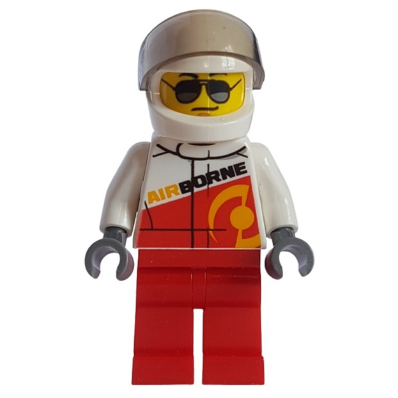 Lego Racer, Red and White Jumpsuit with 'AIRBORNE', White Helmet with Visor, Sunglasses