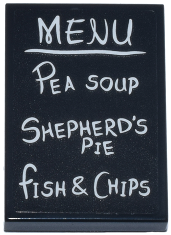 Lego Tile 2 x 3 with White 'MENU', 'PEA SOUP', 'SHEPHERD'S PIE' and 'FISH & CHIPS' Pattern (Sticker) - Set 76457 / Black
