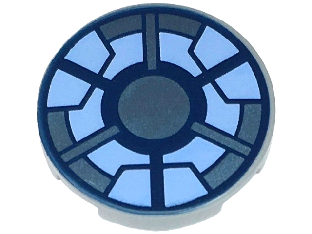 Lego Tile, Round 2 x 2 with Bottom Stud Holder with Dark Blue, Metallic Light Blue, and Bright Light Blue Arc Reactor Pattern