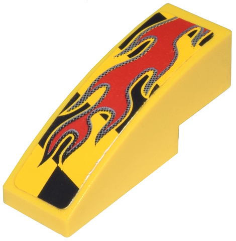 Lego Slope, Curved 3 x 1 with Red Flames on Black and Yellow Pattern Model Right Side (Sticker) - Set 8644 / Yellow