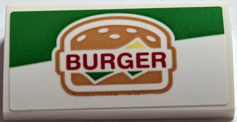 Lego Slope, Curved 2 x 4 x 2/3 with Bottom Tubes with 'BURGER' Pattern (Sticker) - Set 60214 / White