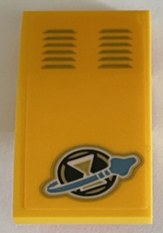 Lego Slope, Curved 4 x 2 with Air Vents, Gold Hourglass and Medium Azure Classic Space Logo Pattern (Sticker) - Set 71475