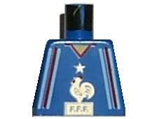 Lego Torso Soccer Uniform Shirt with Red and White Stripes, Gold Star and Rooster Logo with 'F.F.F.', Yellow Neck Pattern / Blue