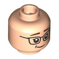 Lego Minifig Head Margo, Reddish Brown Eyebrows, Black Glasses, Lopsided Smile/Open Mouth Surprised / Light Nougat