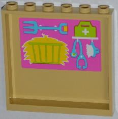 Lego Panel 1 x 6 x 5 with Hay, Pitchfork, First Aid Kit, Stethoscope and Brush Pattern on Inside (Sticker) - Set 3188