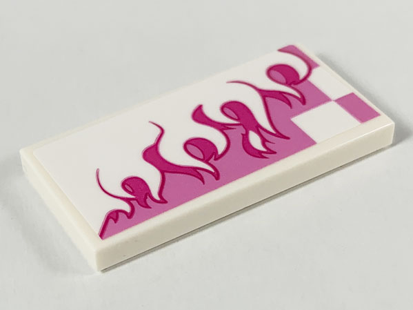 Lego Tile 2 x 4 with White and Magenta Flames over Dark Pink Checkered Background Pattern Model Left Side (Sticker) - Set 80009